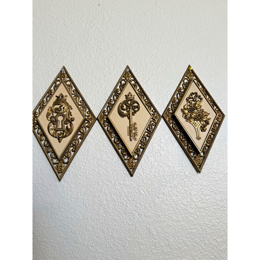 Set of 3 Diamond Wall Plaques Victorian Keyhole Key Design Gold-Tone Metal